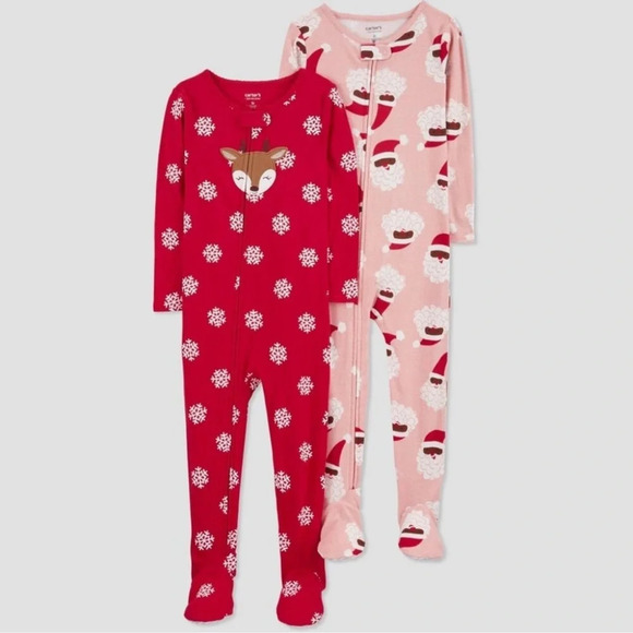 Carter's Toddler Girls' Snowflake Reindeer /Black Santa Footed Pj Set Christmas - Picture 1 of 14